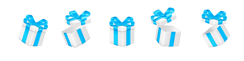 Open 3d birthday gift box. Present render isolated elements, white surprise prize with blue bow and ribbon, floating color giftbox different angle view. Vector realistic illustration