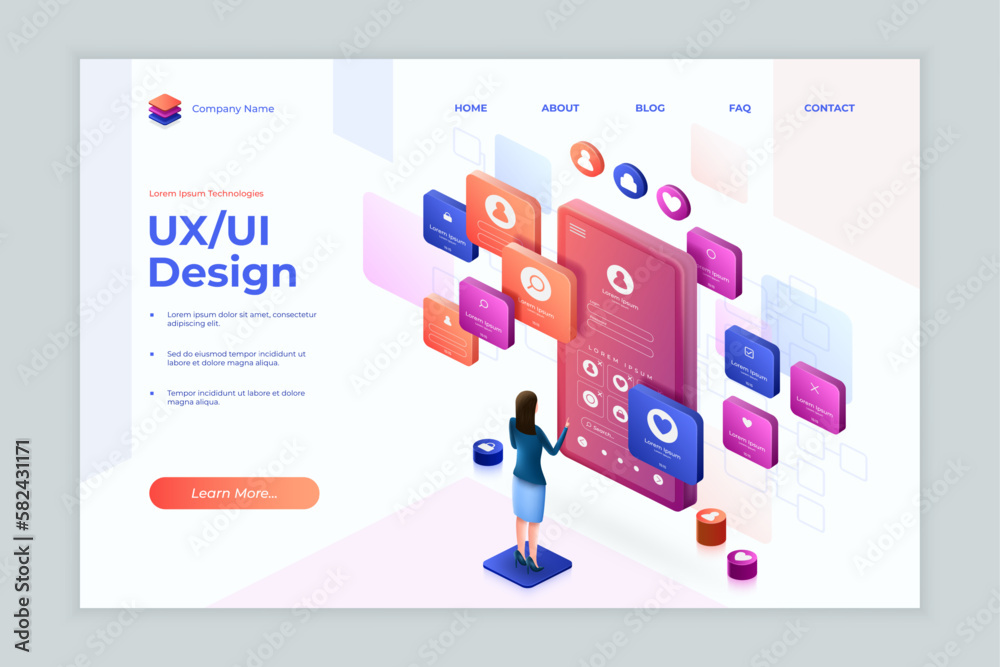 Poster Isometric mobile app. UX UI web design landing. 3D website platform. Tablet digital screen. Access to development system. Internet site interface. User registration. Vector concept
