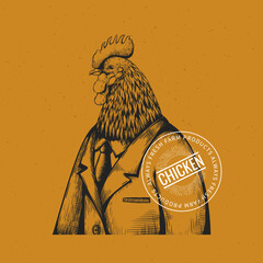 Black engraving hen, rooster brand. Retro male chicken in suit, animal branding, line marketing elements, poultry emblem or badge. Hand drawn cockerel silhouette. Vector illustration symbol © SpicyTruffel