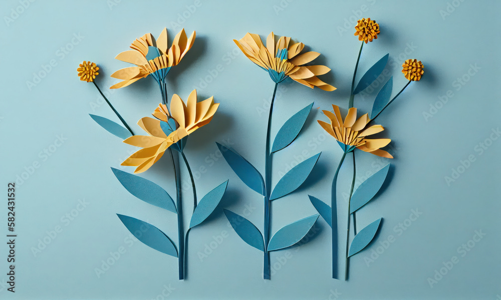 Wall mural Tickseed flower made of paper craft, Generative AI