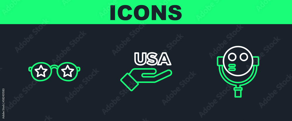 Poster set line tourist binoculars, glasses with stars and usa independence day icon. vector