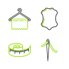 Set line Needle for sewing with thread, Tape measure, Leather and Hanger wardrobe icon. Vector