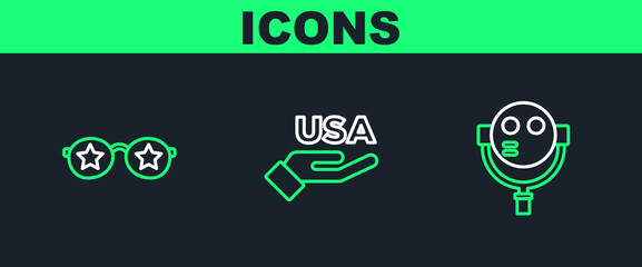 Set line Tourist binoculars, Glasses with stars and USA Independence day icon. Vector