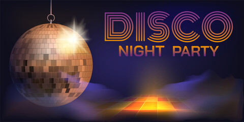 Disco ball. Night dance. Discotheque poster. Neon glowing. Glamour party flyer. Club celebration with music. Sparkling mirror sphere. Retro lettering design. Vector banner background