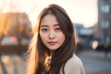 Obraz premium Teenager Asian Girl Face in General Public Place. She is Beautiful Girl was created by using generative AI tools.