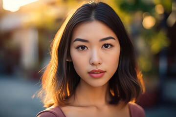 Teenager Asian Girl Face in General Public Place. She is Beautiful Girl was created by using generative AI tools.