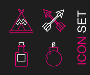 Set line Bomb ready to explode, Tequila bottle, Crossed arrows and Indian teepee or wigwam icon. Vector © Oksana