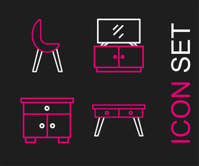 Set line Office desk, Furniture nightstand, TV table and Armchair icon. Vector