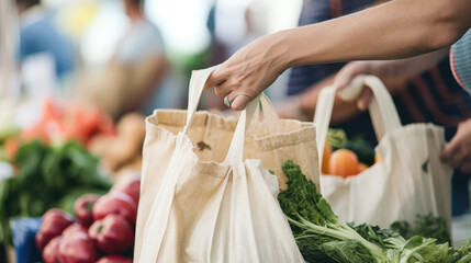 A close-up shot of a person's hand holding a reusable shopping bag with vegetables in the background at a local farmers market - obrazy, fototapety, plakaty