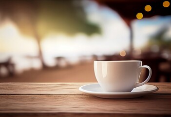 Obraz premium Morning Beach Coffee. Sunrise with a Closeup of hot espresso Drink on a Seaside Background