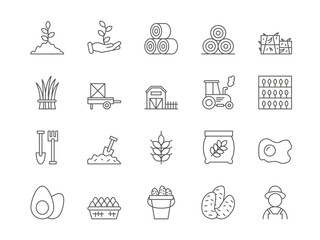 Farm line icons. Agriculture field. Farmer and harvesting tractor. Rural lands. Wheat grain sack. Vegetable crop. Organic industry. Barn and plants in village. Vector pictograms set