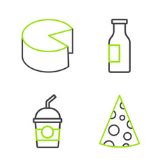 Set line Cheese, Milkshake, Bottle with milk and icon. Vector