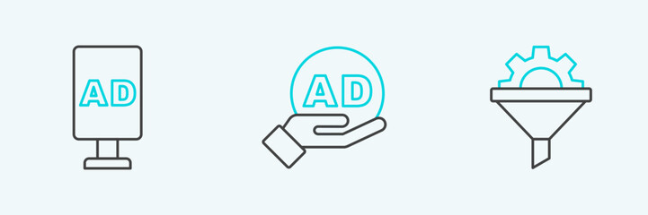 Set line Sales funnel with gear, Target and Advertising icon. Vector