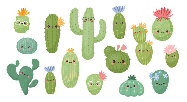 Cute cactus characters, succulent faces. Happy cacti plants, kawaii thorns and pots, summer garden. Hand drawn houseplants with smiles. Bright decorative flowers vector isolated illustration