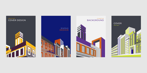 Fototapeta premium Architecture geometric patterns, Bauhaus posters. Modern and vintage Swiss covers, magazine collection, brochure layout template. Colorful buildings. Vector design compositions set