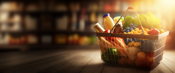 Shopping basket with fresh food on blur background grocery supermarket for design banner, ads, covers, and invitation. Copy space. Generative AI