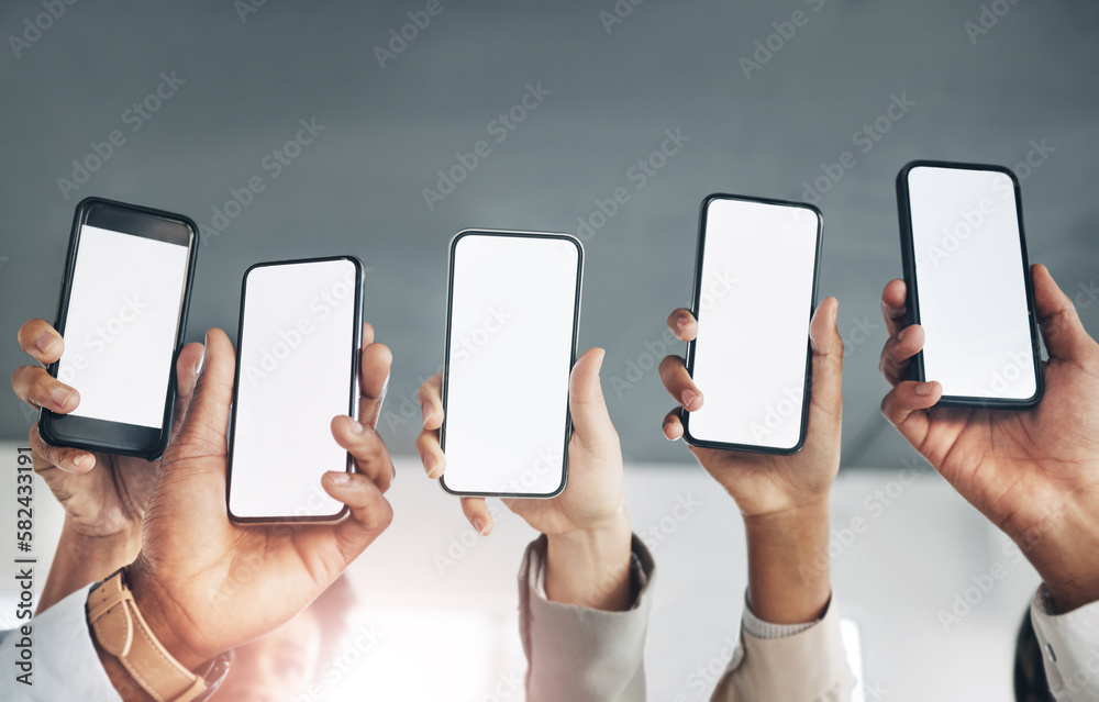 Poster business people, hands or mobile screen on mockup space networking, advertising or digital marketing