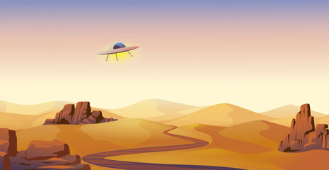 Naklejka na ściany i meble Desert landscape. Wild west panorama. Flying saucer in sky. USA country nature. UFO theme silhouette banner. Alien valley. River and sandstone rocks. Vector illustration background