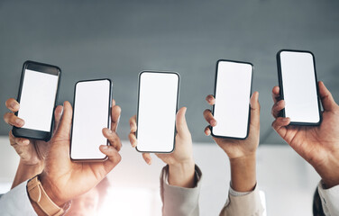 Business people, hands or mobile screen on mockup space networking, advertising or digital marketing. Team of employees with online product placement on phone application display or internet website