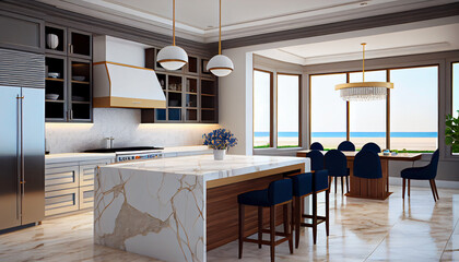 Coastal Contemporary A Kitchen with Sleek Lines and Beachy Accents, Modern Kitchen room illustrator Generative AI