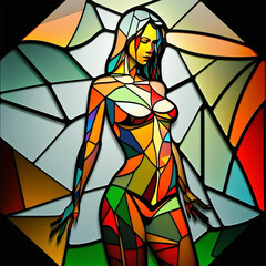 Generative AI: illustration of a stained glass window with a woman made of stained glass.