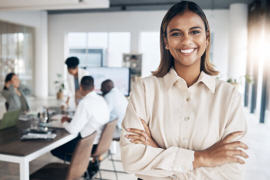 Meeting, Indian Woman Portrait And Corporate Employee In A Conference Room With Collaboration. Success, Leadership And Proud Worker Feeling Happy About Workplace Teamwork Strategy And Company Growth