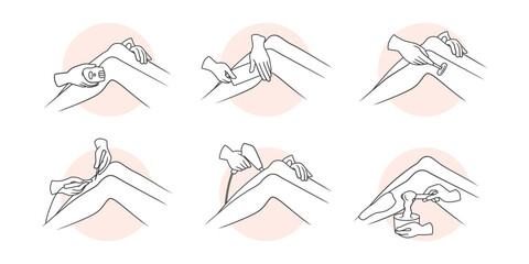 Wax hair remove. Depilatory cream. Razor shaving. Epilator or laser. Body salon beauty procedure. Woman skin care. Photoepilation appliance. Outline legs. Vector illustration icons set