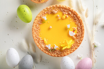 Tasty Mazurka cake surrounded by spring flowers and eggs. - obrazy, fototapety, plakaty