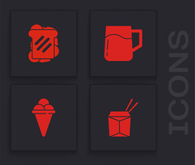 Fototapeta premium Set Asian noodles and chopsticks, Sandwich, Wooden beer mug and Ice cream in waffle cone icon. Vector