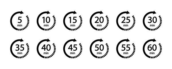 10, 15, 20, 25, 30, 35, 40, 45, 50 min,Timer, clock. Countdown timer icons set. Isolated vector illustration.  - obrazy, fototapety, plakaty