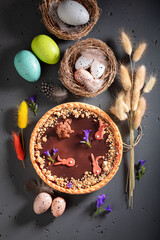 Sweet Mazurka chocolate cake surrounded by eggs and catkins.