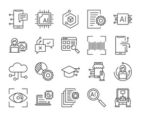 Set of artificial intelligence with editable stroke line icons. Machine learning ai robots vector illustrations.	

