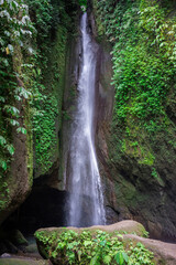 Fototapeta na wymiar The rushing leke leke waterfall surrounded by many green plants and leaves in the jungle of bal indonesia.
