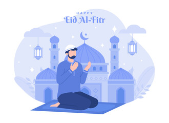 A man praying and wishes happy ramadhan, Eid al fitr illustration. Modern vector flat illustration