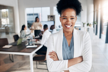 Conference room, black woman portrait and business leader in a meeting for collaboration. Success, management and proud ceo feeling happy about workplace teamwork strategy and company growth