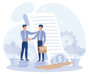 Venture funding concept, partners signing contract, making deal, flat vector modern illustration 