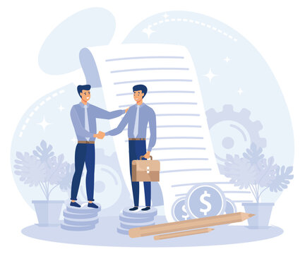 Venture funding concept, partners signing contract, making deal, flat vector modern illustration 