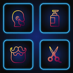 Set line Scissors hairdresser, Mustache and beard, and Bottle of shampoo. Gradient color icons. Vector