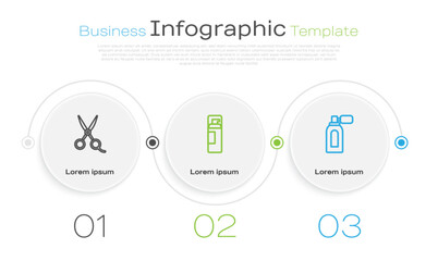 Set line Scissors hairdresser, Shaving gel foam and Aftershave with atomizer. Business infographic template. Vector