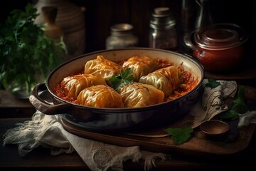 Ukrainian traditional dishes, Still life, holubtsi - stuffed cabbage rolls filled with ground meat and rice. Generative AI