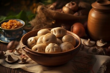 Ukrainian traditional dishes,Still life, vushka - small dumplings filled with mushrooms or meat and served in soups. The name means "little ears" in Ukrainian. Generative AI