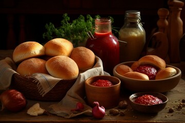 Ukrainian traditional dishes,Still life, pampushky - small, round bread rolls usually topped with garlic butter and served with borscht or other soups. Generative AI