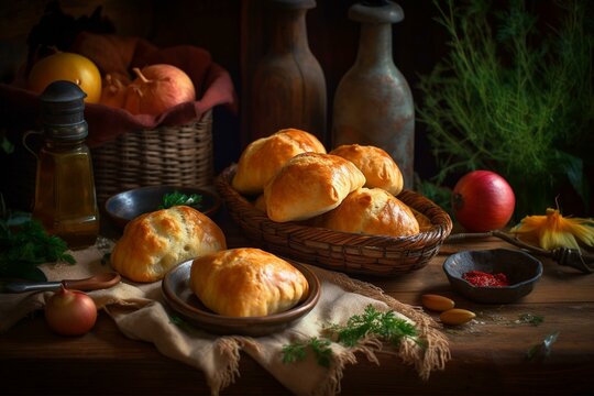 Ukrainian traditional dishes, Still life, pyrizhky - baked or fried savory pastries filled with potatoes, cabbage, or meat. Generative AI