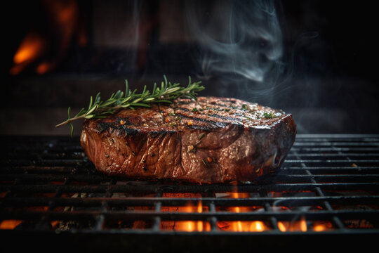 Rindersteak Rumpsteak auf Grill mit Flammen. Generative Ai.
