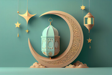 Ramadan lantern, Iftar, Eid crescent moon, cannonballs, text space and podium , AI Generated - obrazy, fototapety, plakaty