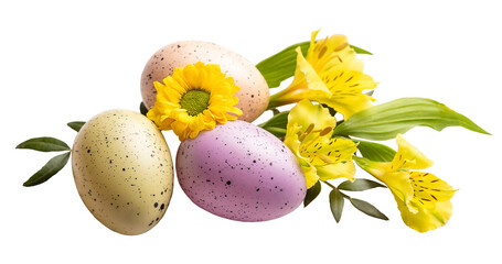PNG. Happy Easter. Three colorful eggs and spring yellow flowers. isolate