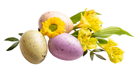 PNG. Happy Easter. Three colorful eggs and spring yellow flowers. isolate