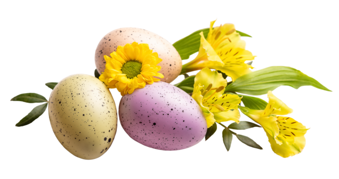 PNG. Happy Easter. Three colorful eggs and spring yellow flowers. isolate