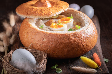 Traditional sour soup served in bread for Easter.