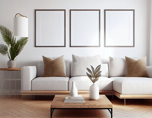 Design scandinavian interior of living room with flowers in vase and mockup frames. AI Generated